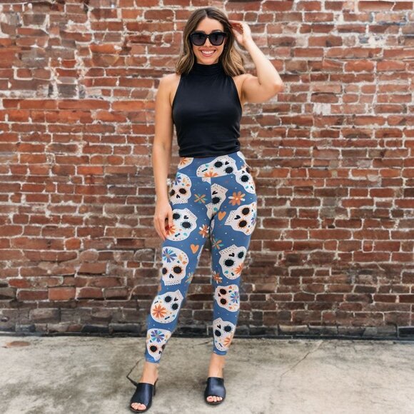LuLaRoe Sugar Skull Halloween Leggings High-Rise Day of the Dead Stretchy Pants - Picture 2 of 12